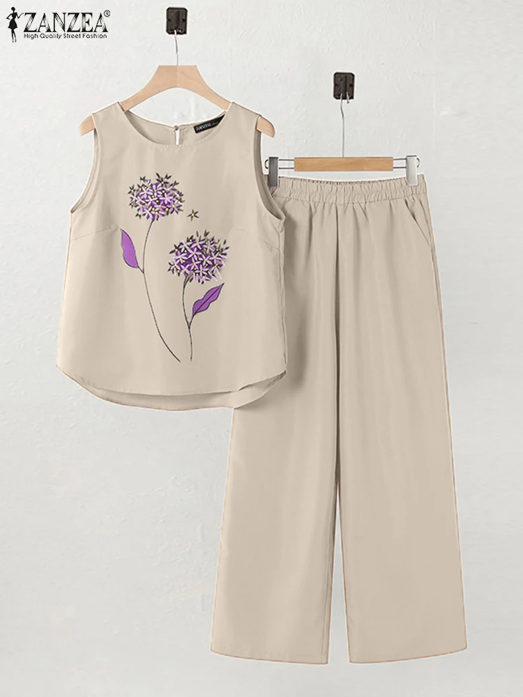 

Костюм ZANZEA Женский Повседневный для отпуска, модный спортивный костюм из двух предметов, майка с цветочным принтом, летние штаны