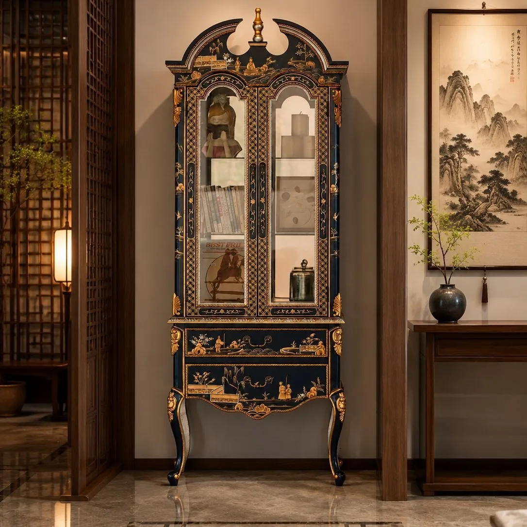 High-end French style painted double-door wine cabinet American locker with glass European bookcase storage display cabinet