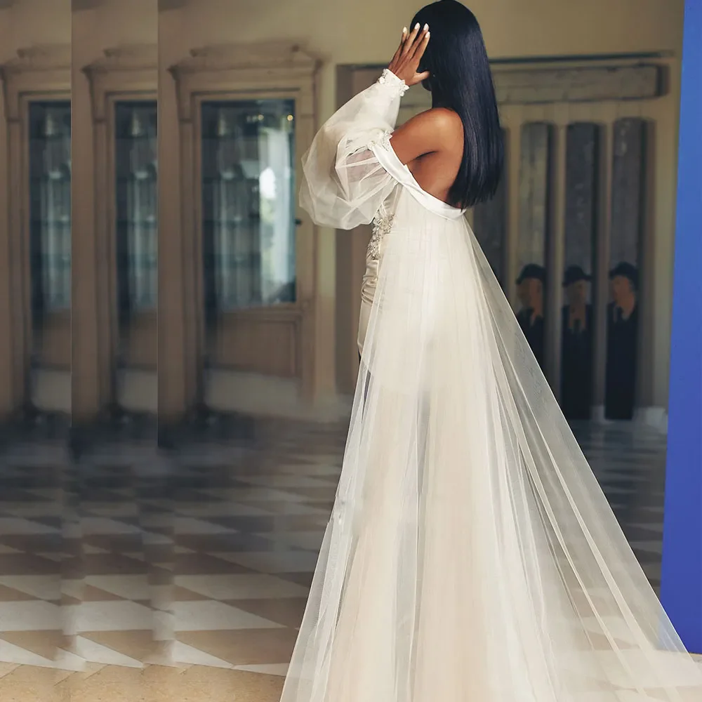 Vestidos de casamento de bainha curta com trem destacável manga inchada mini praia vestido de noiva ruched cetim duas peças vestidos de casamento