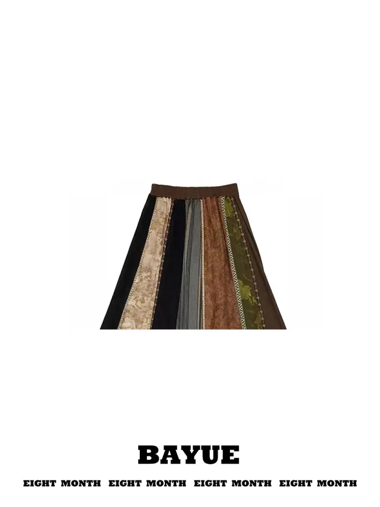 Bohemian Color Block High Waist  Skirt Women's Spring Autumn Vintage Tassel Long Skirt Artistic Sensation City Commute