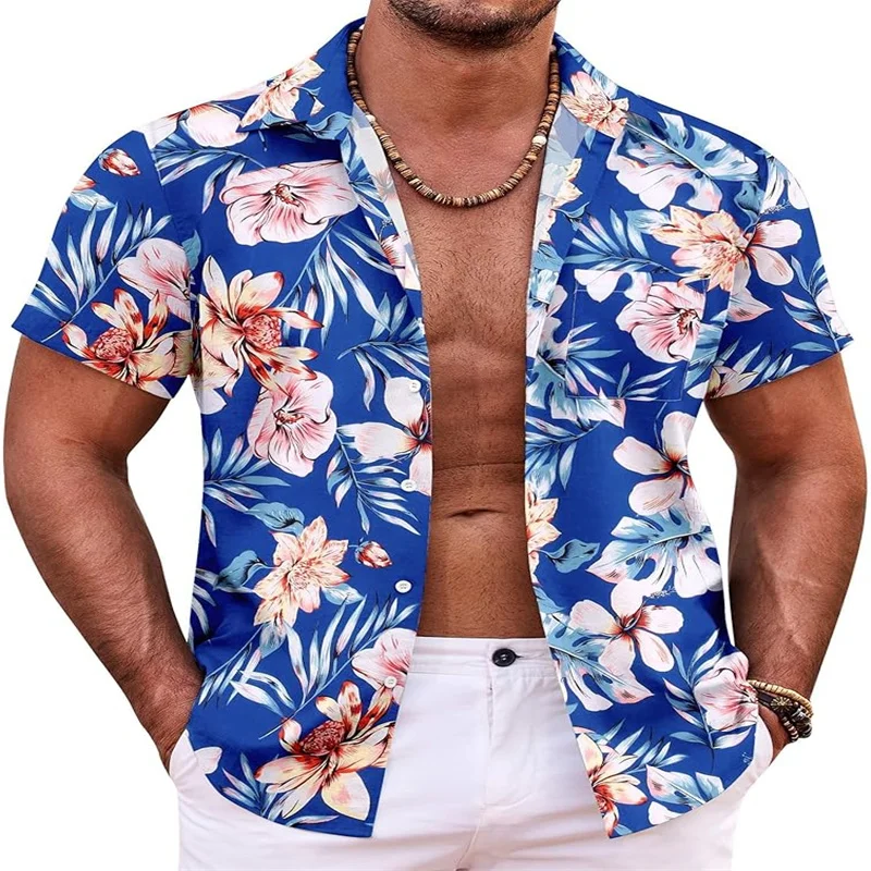 

2024 Mens Casual Fashion Hawaiian Shirt Short Sleeve Button Shirt Tropical Summer Beach Shirt Casual Floral Seaside Top