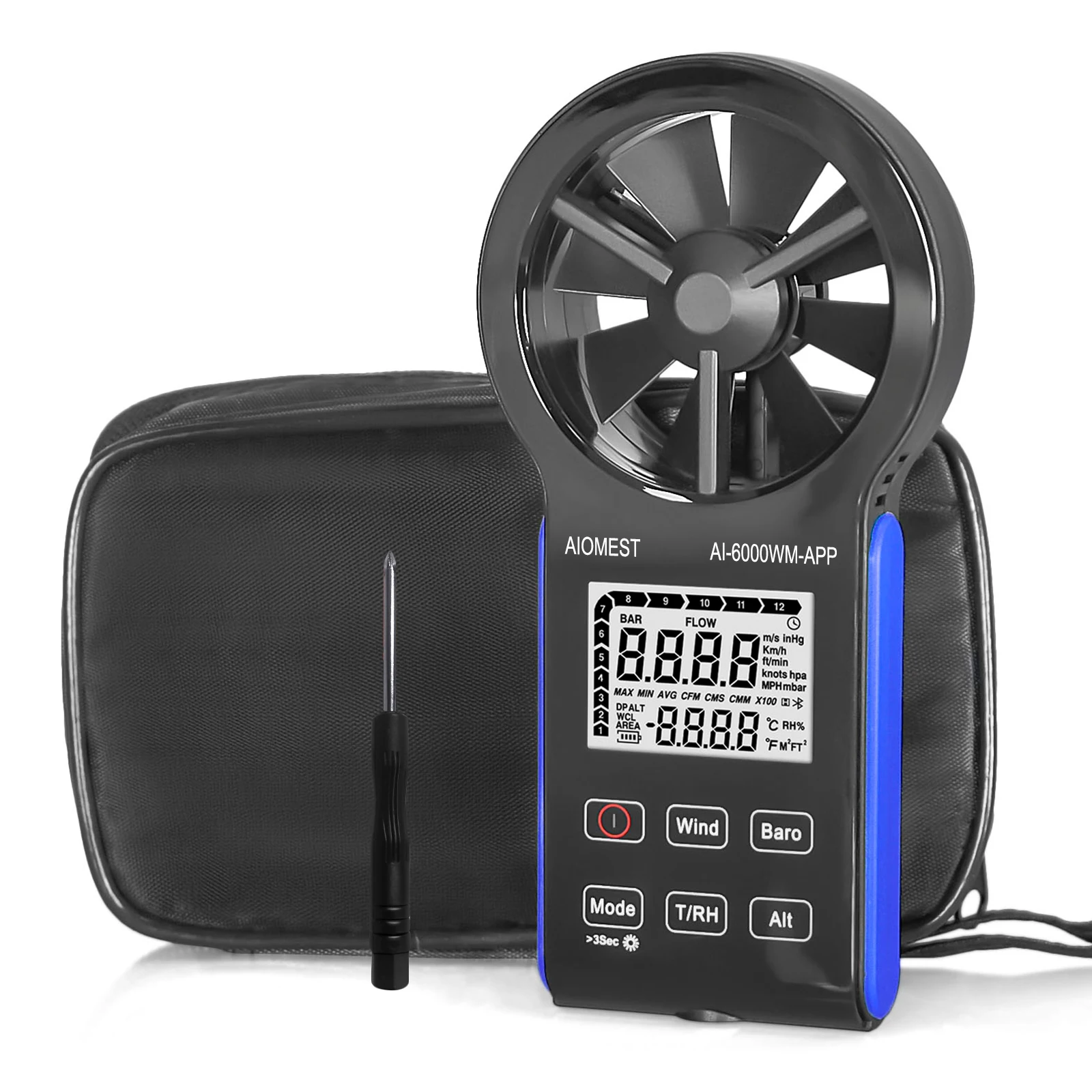 HVAC Anemometer Wind Speed Gauge ±5% | Temp/Humidity/Altitude Meter with Calibration & Backlight, Li-battery for Duct/Drone