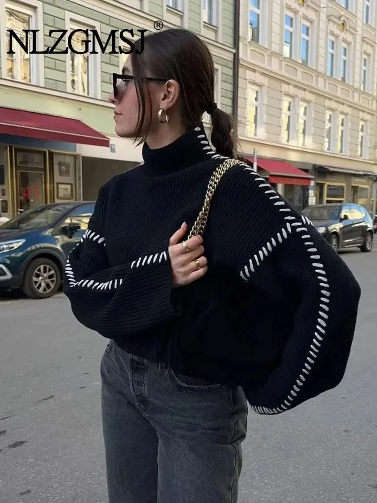 Damski sweter z golfem oversize na jesień i zimę, luźny, wyszczuplający, casualowy, modny, dzianinowy top, odzież wierzchnia.