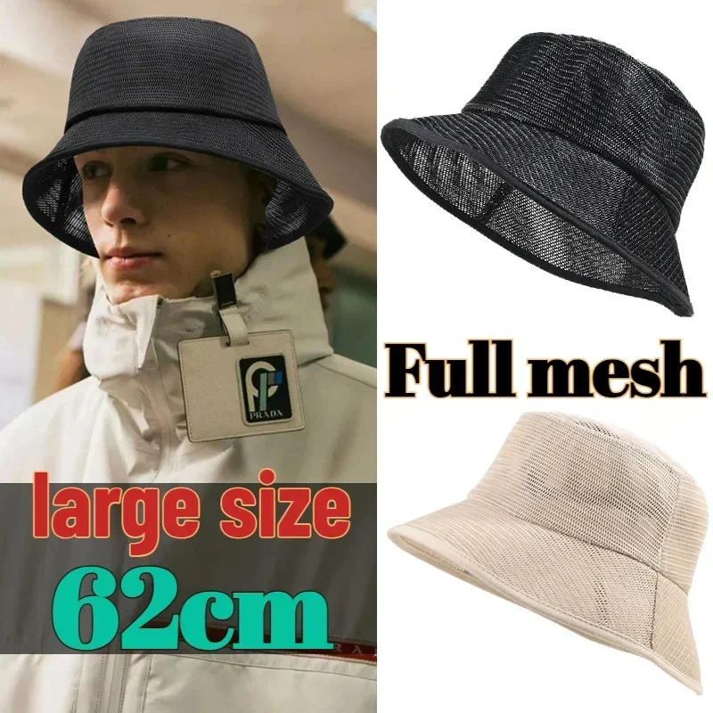 Full Mesh Breathable Oversize Bucket Hats Man Big Head Outdoor Fishing Sun Hat Lady  Plus Size Panama Beach Cap 58cm 60cm 62cm