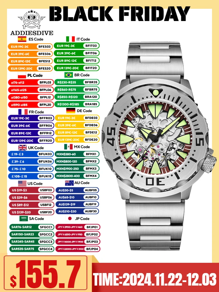

ADDIESDIVE Men Luxury Watch 8N24 316L Stainless Steel 20Bar Waterproof C3 Super Luminous Skeleton Automatic Mechanical Watch