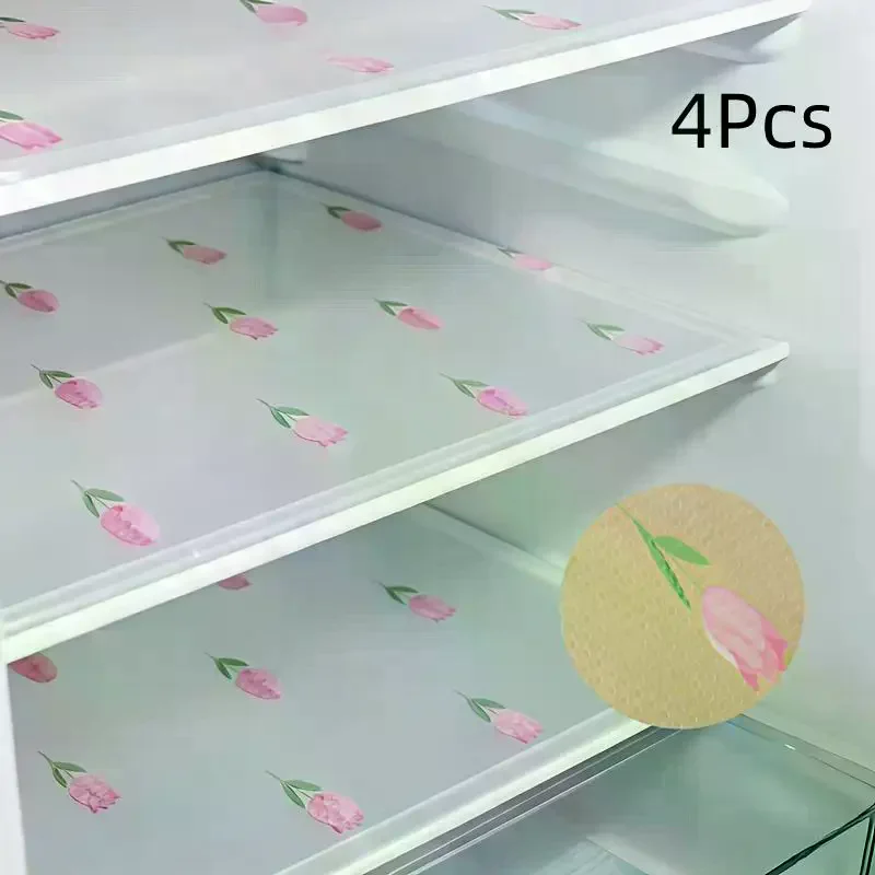 4Pcs Anti Slip Drawer Liner With Tulip Pattern Waterproof EVA Fridge Pad Anti Oil Kitchen Placemat For Home Supply For Daily Us