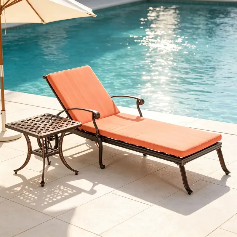 Cast Aluminum Outdoor Recliner Set Adjustable Backrest Orange Waterproof Cushion Patio Garden Furniture