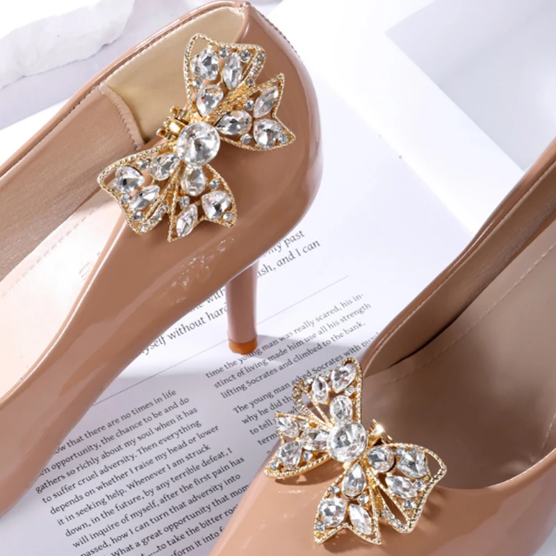 Cristal laço sapatos fivela, strass charme decoração, borboleta diamante, acessórios de sapato feminino