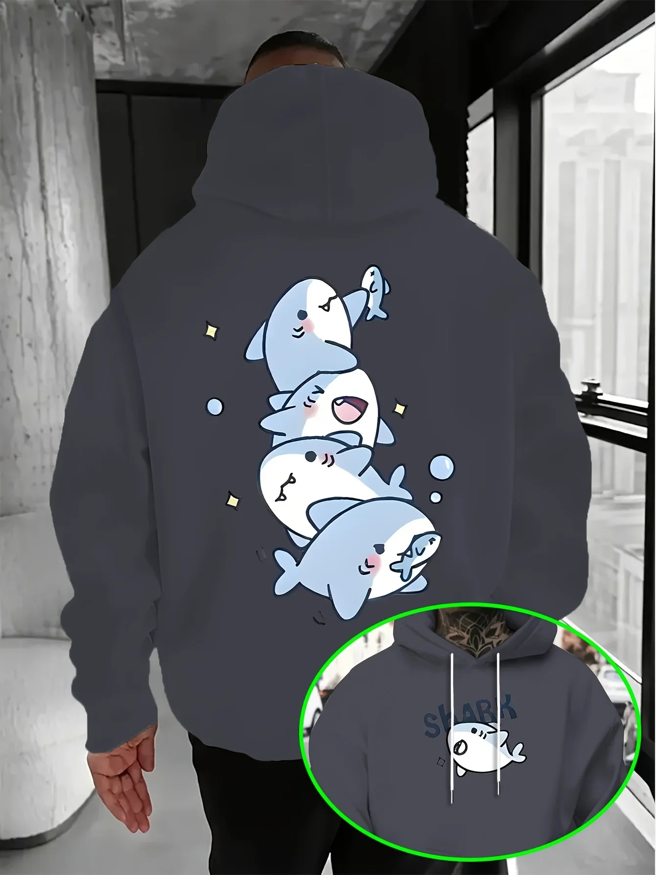 Cute Stacked Shark Graphic Hoodie for Men Women Loose Fit Pullover Sweatshirt Front & Back Cartoon Print Casual Hoodies