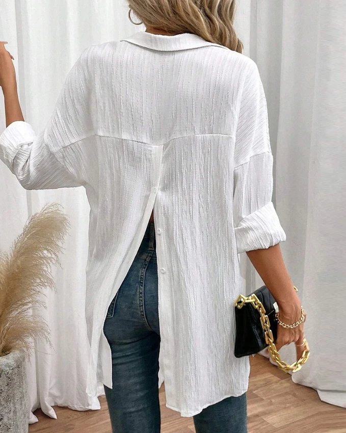 Women's Clothes Casual Textured Buttoned Back Slit Top Temperament Commuting 2024 Autumn New Fashion Daily Women Loose Blouses