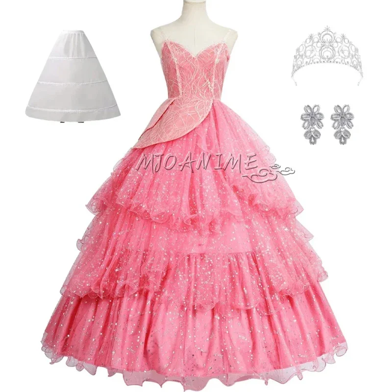 Em estoque glinda a bruxa cosplay traje vestido para mulheres adultas vestido rosa roleplay fantasia roupa halloween carnaval t