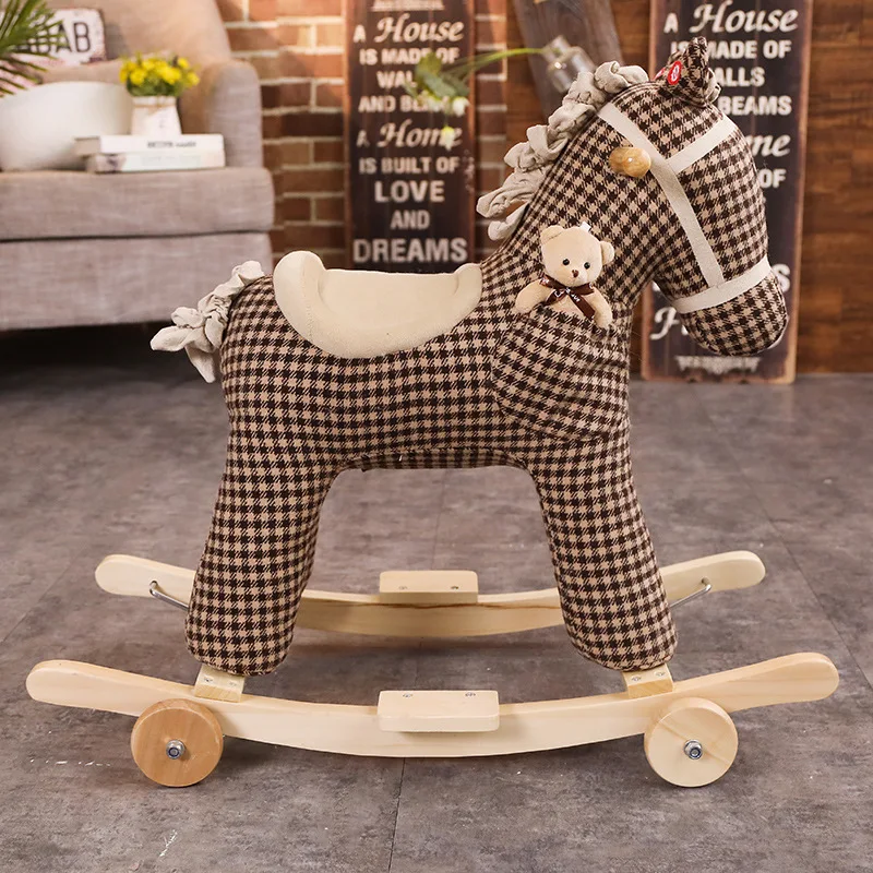 2 In 1 Children\'s Wooden Plaid Rocking Horse Stroller Music Balance Chair with Wheels Baby Toy Baby Birthday Gift