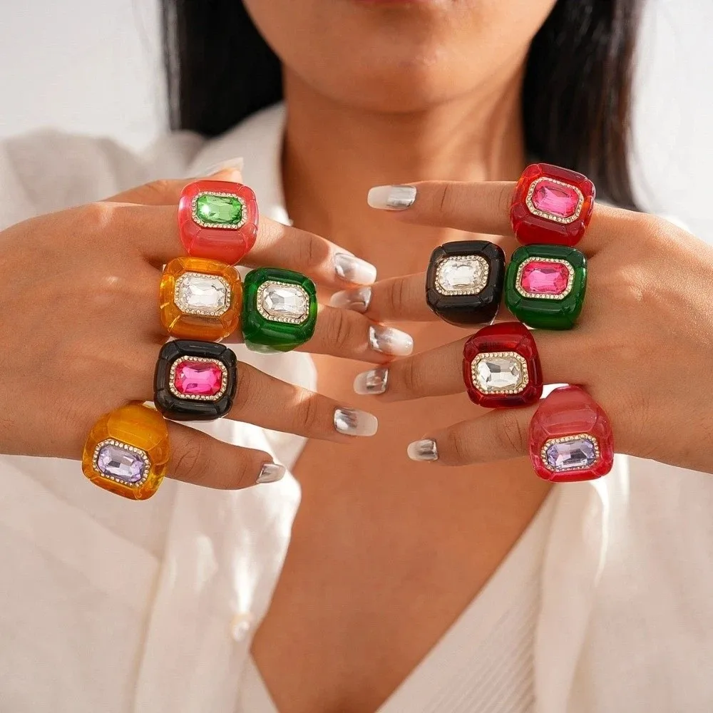 Hand Ornaments Exaggerated Acrylic Resin Ring Candy Color Fashion Geometric Ring Y2K Classic Resin Big Dome Plain Ring Travel