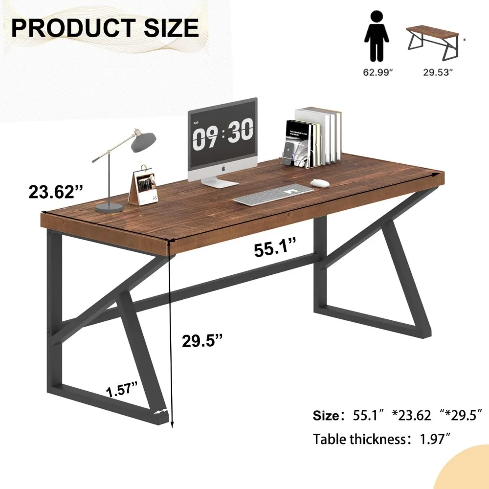 Mesa de computador de madeira real natural, mesa de estudo de escrita rústica para estudante, mesa de trabalho de madeira maciça e metal para jogos em casa