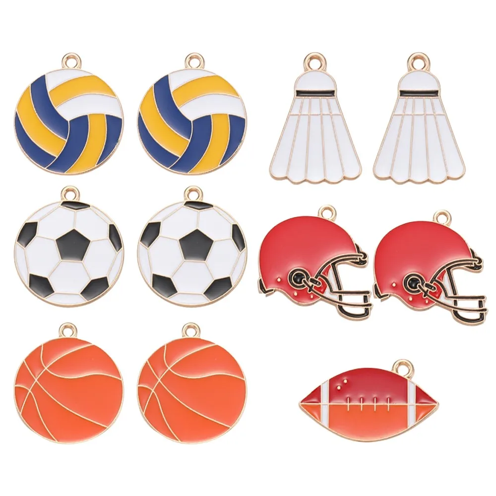 10Pcs Metal Enamel Rugby Football Badminton Racket Charm Pendant For DIY Key Chain Necklace Bracelet Jewelry Making Accessories