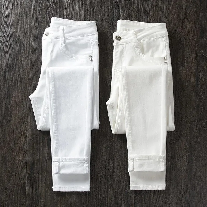Spring Autumn White Jeans Female High Waisted Solid Color Denim Pencil Pants Korean Women Fashionable And Versatile Denim Pants