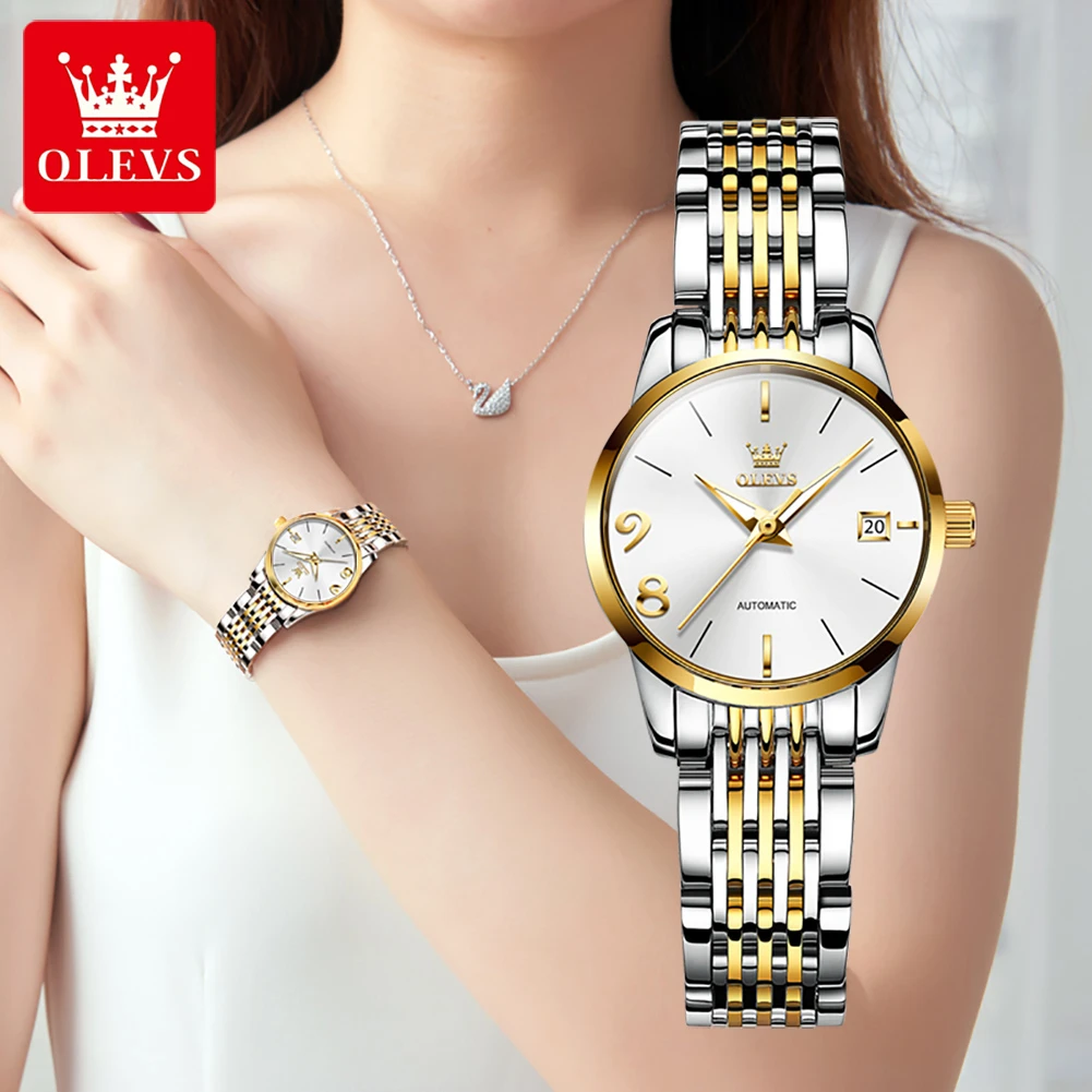 OLEVS 6632 Mechanical Fashion Watch Gift Round-dial Stainless Steel Watchband Wristwatch Week Display Calendar Luminous