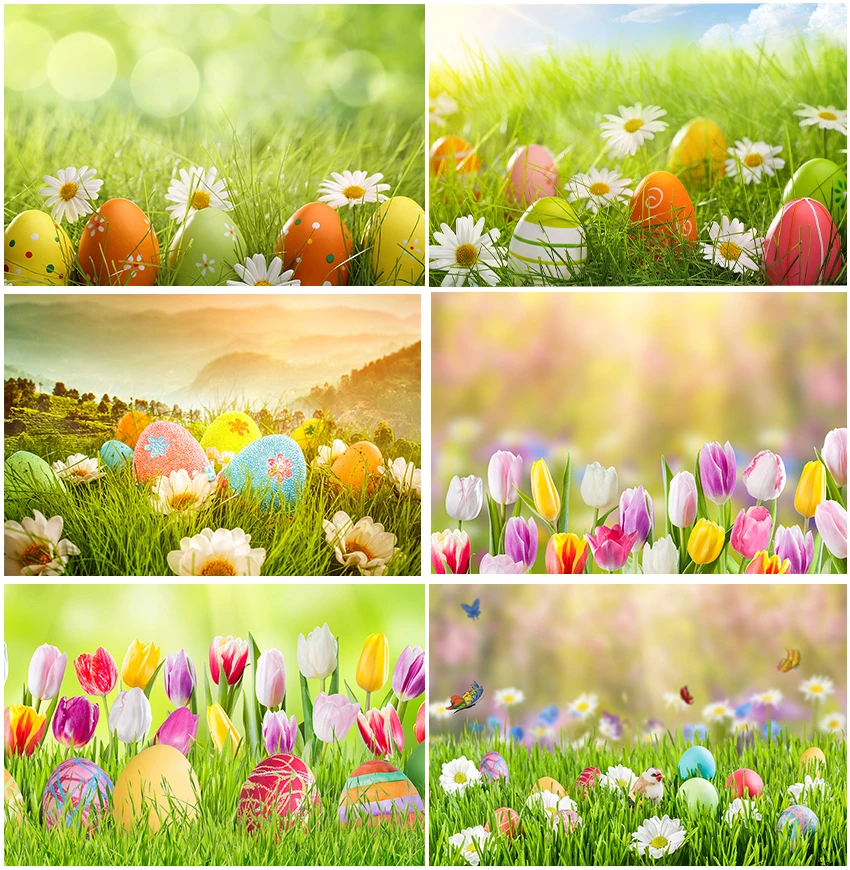 

Natural Scenic Sunshine Lawn Grassland Outdoor Camping Happy Easter Photographic Eggs Flowers Backdrops Baby Shower Backgrounds