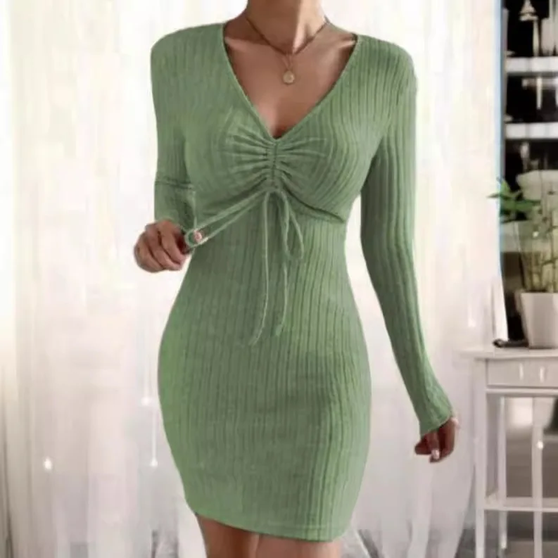 Womens Knitted Long Sleeve Dress Solid Color Deep V-Neck Midi Dress Autumn Winter  Streetwear Y2K Clothes Dropship