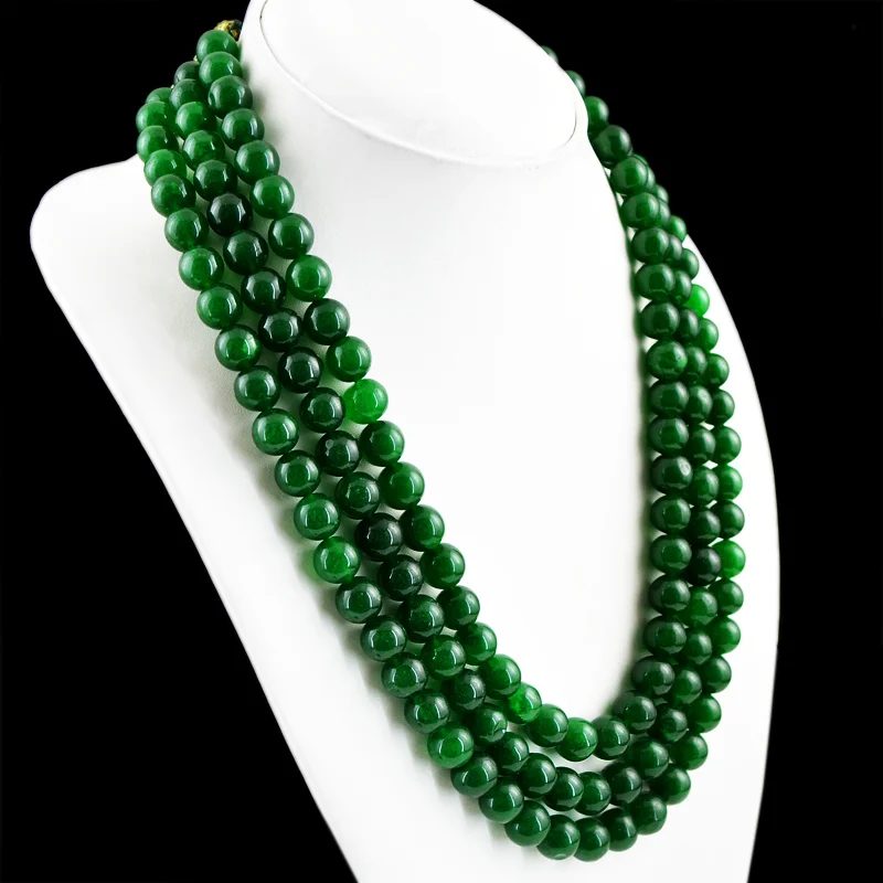 888.00 CTS EARTH MINED 3 STRAND ROUND ENHANCED GREEN EMERALD BEADS NECKLACE (RS)