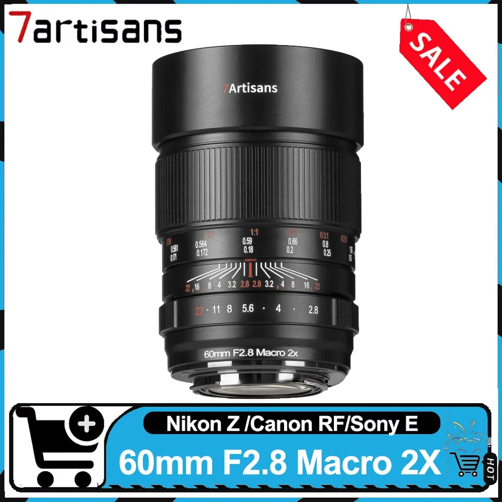 

Объектив 7artisans Full Frame 60mm F2.8 2X Macro с большой апертурой и ручной фокусировкой, совместимый с Sony A7M3, Nikon ZFC, Canon R.