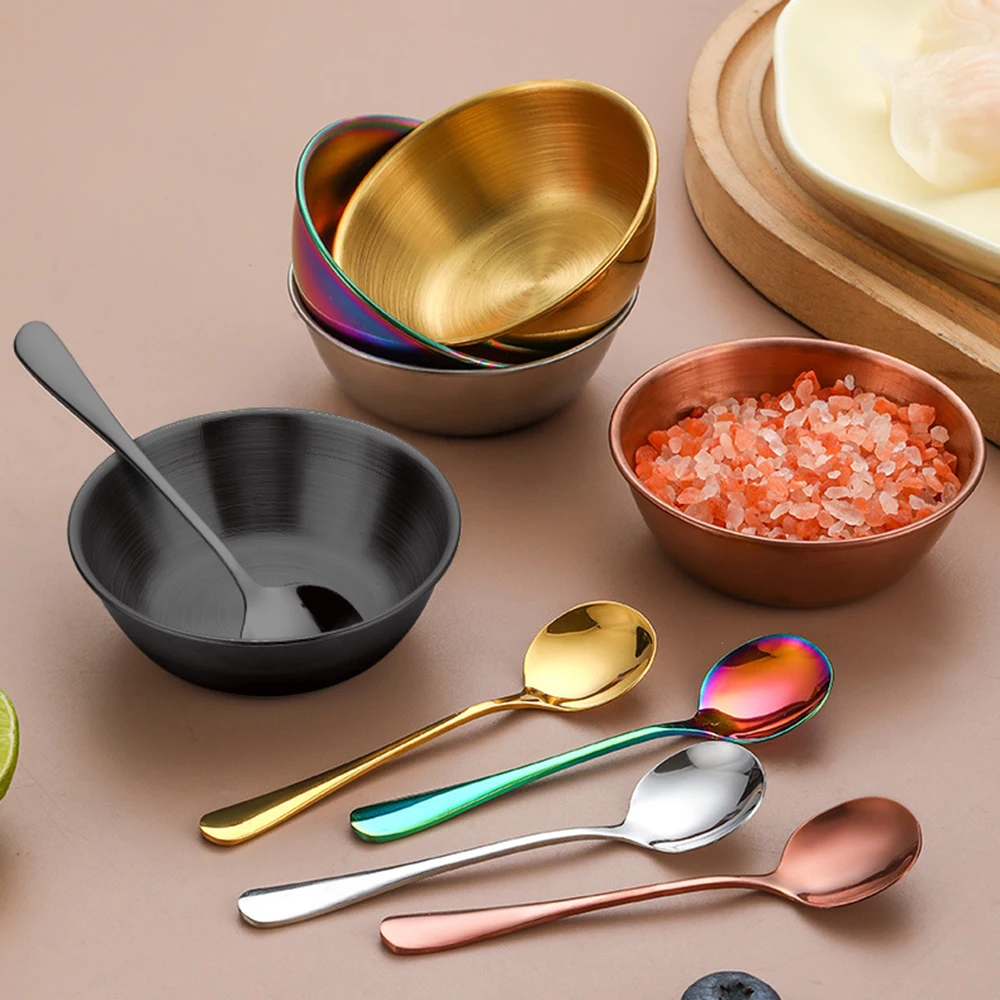 4Pcs Stainless Steel Golden Sauce Dish and 4Pcs Spoon for Appetizer Serving Tray Sauce Dishes Spice Plates Kitchen Supplies