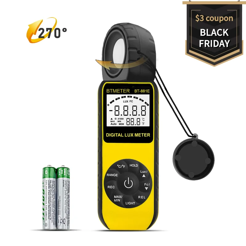 

Handheld Light Meter BT-881E- Digital Illuminance Meter with 0.01300,000 Lux (0.0130,000 FC), 270º Rotating Sensor, Temperature