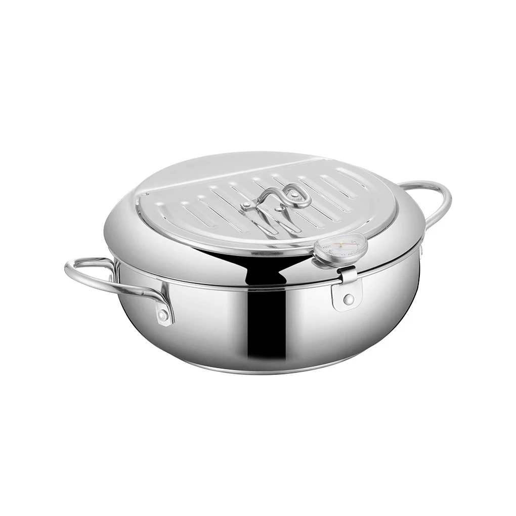Deep Frying Pot Stainless Steel Fryer Kitchen Cooking Fried Pot with Thermometer and Lid, 24cm