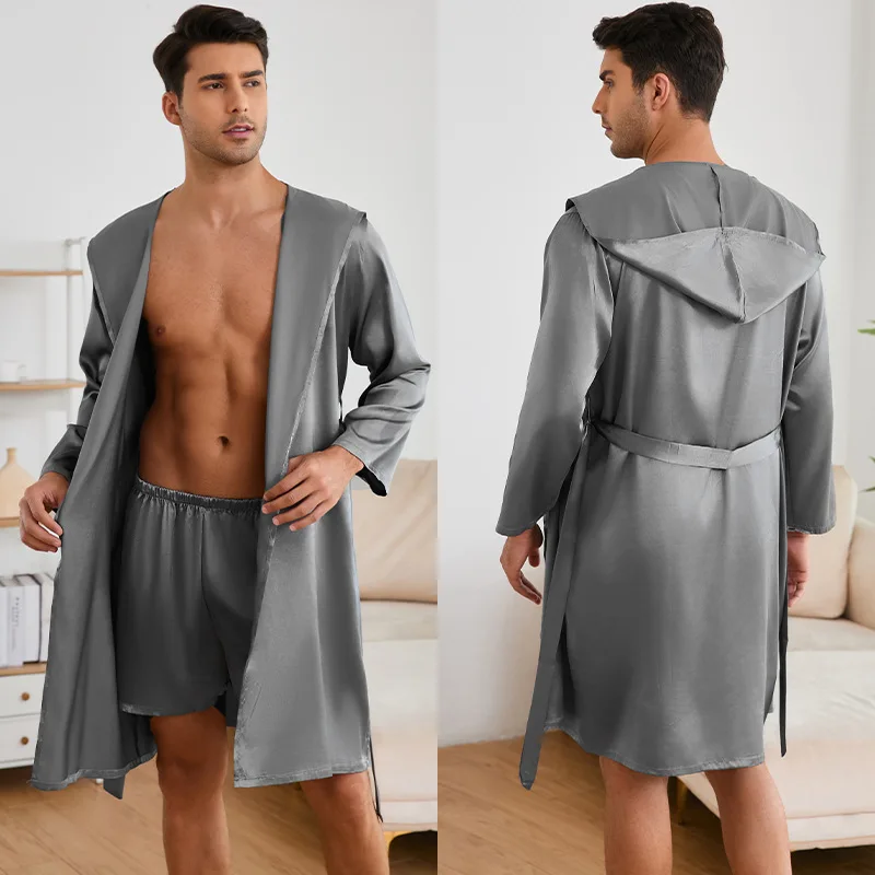 New Men's Robe Shorts Suit Two Piece Pajamas Sleepwear Loose Casual Hooded Bathrobe Gown Loungewear Ice Silk Homewear Lingerie