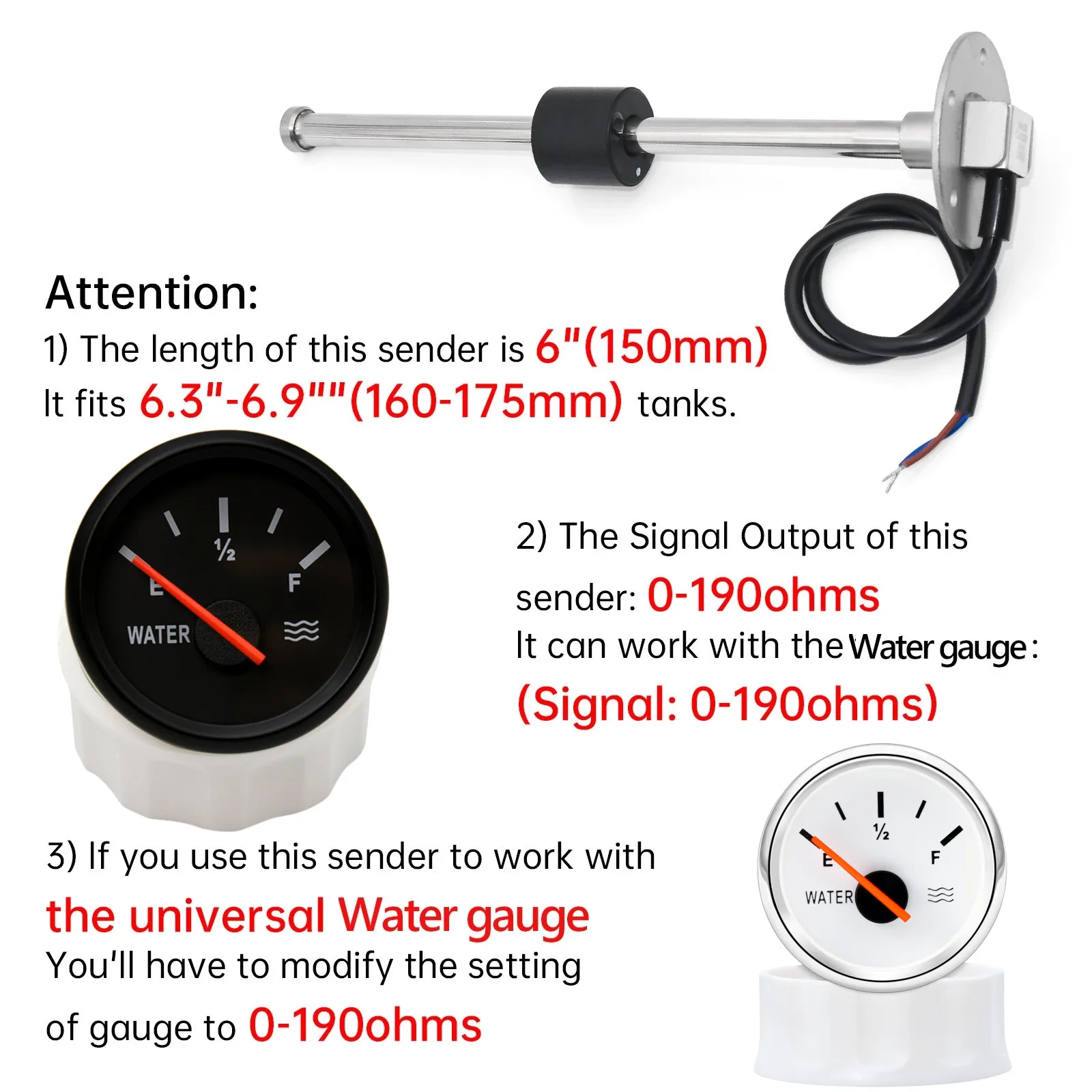 0-190 ohm 240-33ohm Water Level Gauge Meter 125mm 150mm 200mm 250mm 600mm Fuel Level Sensor Fuel gauge for marine boat car Truck