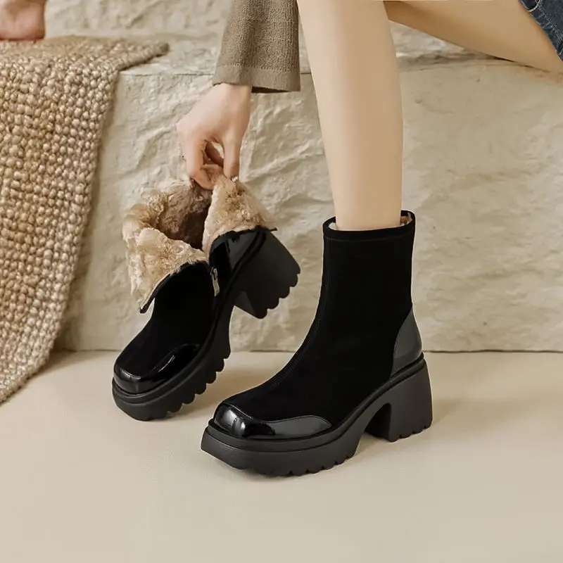 Leather Snow Boots For Women Warm Padded Shoes With Zip Thick-sole Winter Fashion Dress Waterproof Mature Ladies Motorcycle Boot