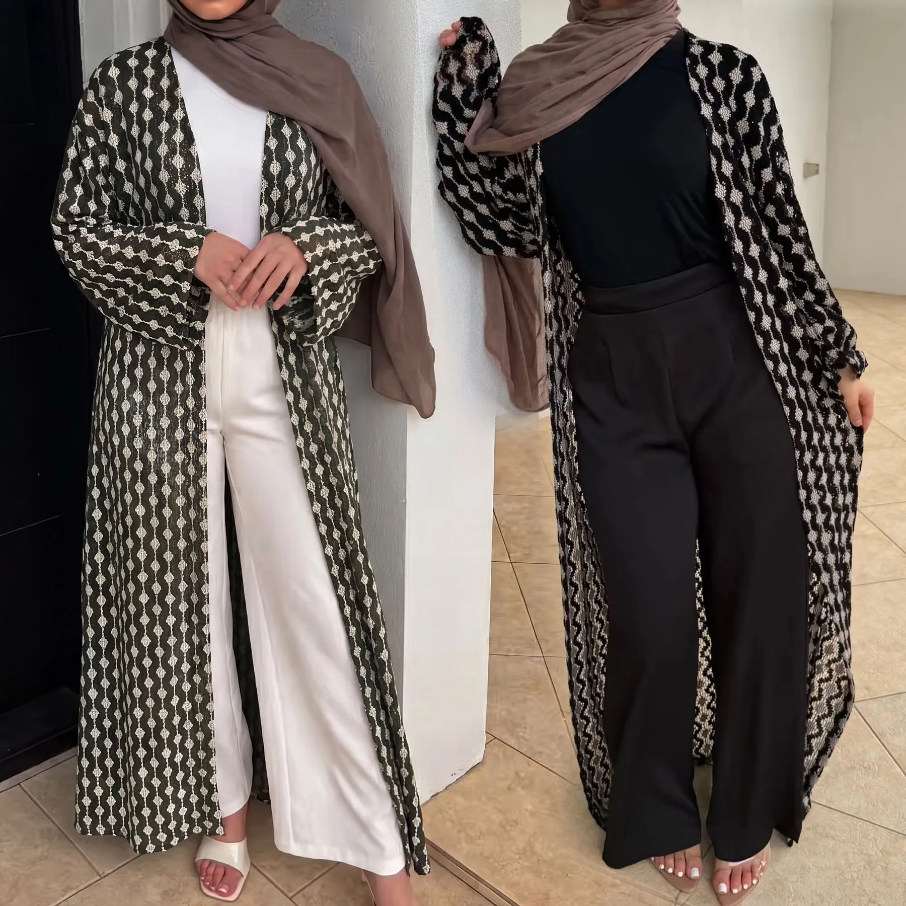 Loose-Fit Drop Shoulders Openwork Crochet Knit Dubai Abaya Muslimah Outerwear Hijabi Kimono Abaya Ramadan Modest Islamic Clothes