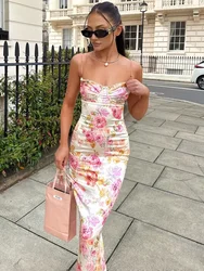 Oligai Summer Dresses for Women Beige Floral Print Long Evening Dress Sexy Luxury Spaghetti Strap Party Dress High Quality