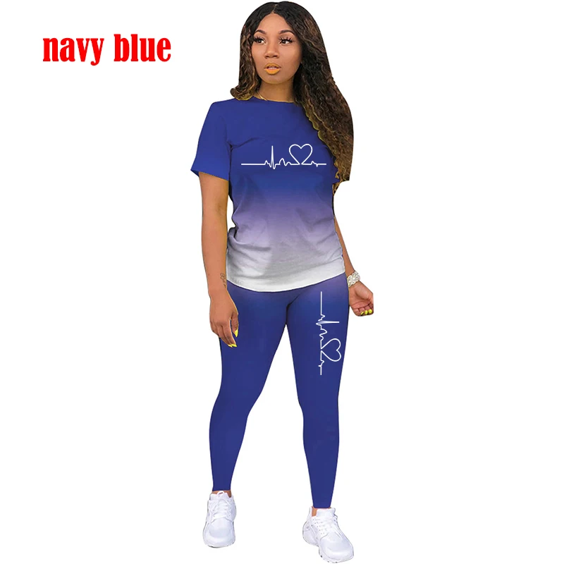 Fashion ECG Print Tracksuit Women Summer Suit Casual Sports Set Short Sleeved T Shirt Sportswear