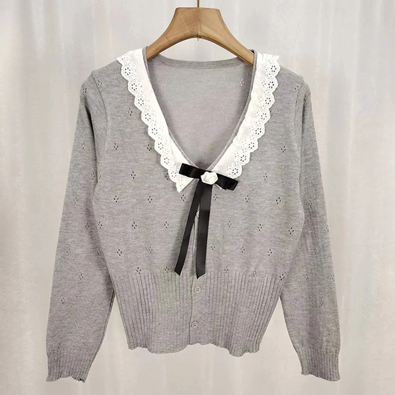 Women Knitted Bow Beaded Sweet Knitwear V-neck Lace Patchwork Casual Cardigan