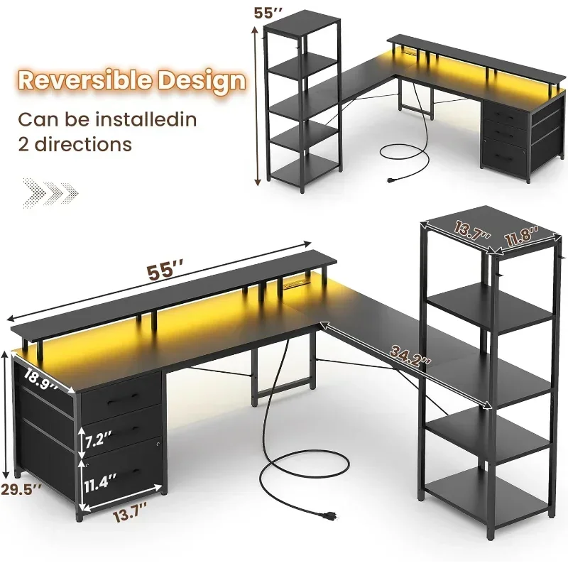 Escritorio para juegos en forma de L, escritorio de computadora de esquina Reversible de 55 "con 3 cajones de tela y estantes de almacenamiento, escritorio para juegos negro