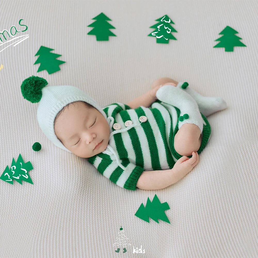 Christmas-Themed Newborn Photography Outfits Winter Striped Knitted Jumpsuit Photo Studio 0-1 Months Baby Xmas Shooting Costume