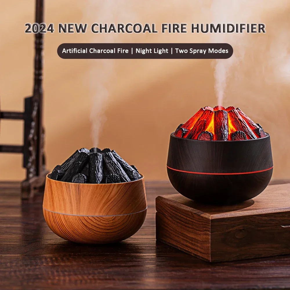 MINI Diffuser พร้อม Night Light สําหรับ Home 2024 ใหม่ 300ML ประดิษฐ์ถ่าน Fire Air Humidifier Aroma Diffuser Mist Sprayer