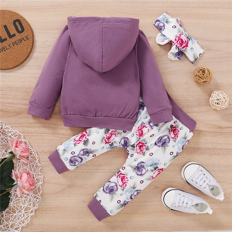 Newborn Infant Baby Girls Autumn Outfit Sets Purple Long Sleeve Letter Print Hooded Top + Floral Pants + Bowknot Headband