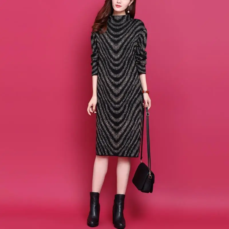 

Women's Pullover Turtleneck Autumn Winter Stripe Solid Lantern Flocking Long Sleeve Fashion Casual Vintage Loose Midi Dress