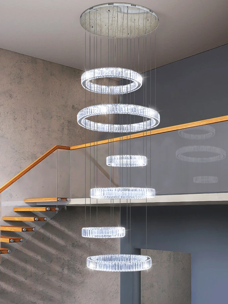 Modern Led Hall Chandeliers Stairs Hanging Light Fixture Lustre Ring Pendant Lights Suspension Design Luxury Crystal Chandelier