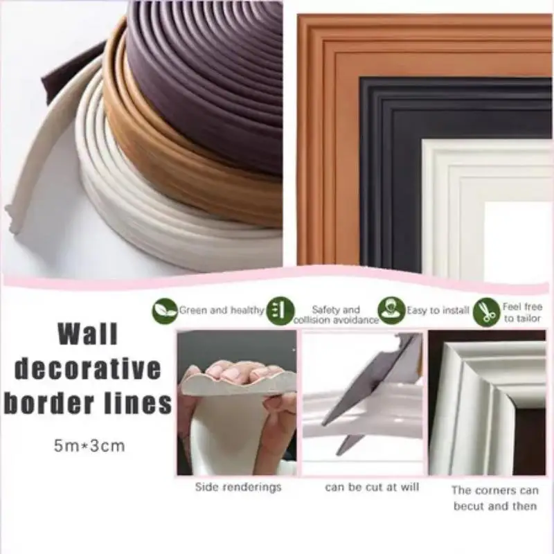 5M Soft Wall Trim Lines Self-Adhesive Anti-tipping Baseboard Decor Strip Edge Anticollision Molding Line 3D Wall Sticker