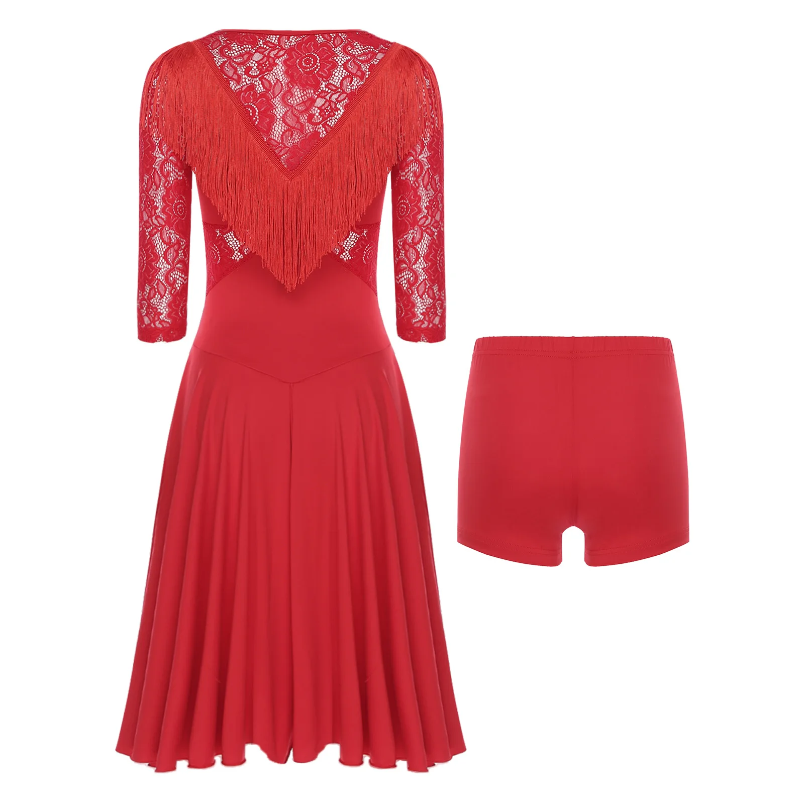2 Stuks Womens Latin Dans Jurk Sheer Bloemen Kant Flowy Kwastje 3/4 Mouw Swing Jurk + Veiligheid Shorts voor Samba Rumba Tango Dans
