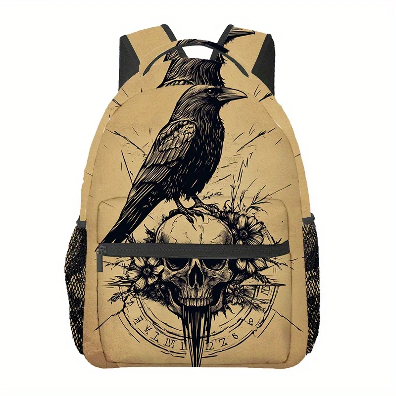 Vintage Gothic Raven Skull Print Backpack Retro Paper Texture Occult Crow Pattern School Bag Lightweight Casual Daypack