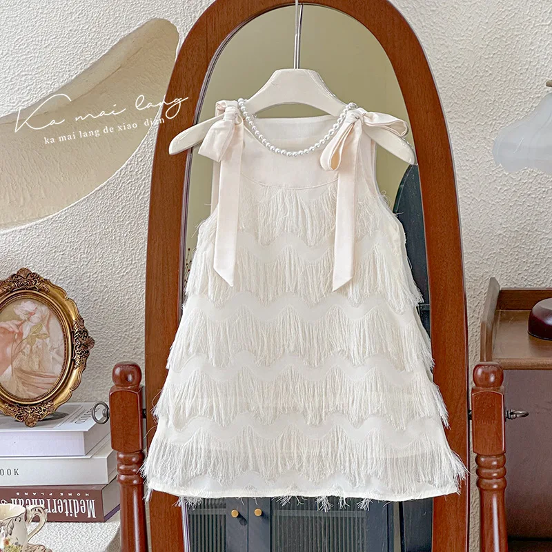 Girls Casual Dresses Fringe Bow Princess Dress Sleeveless Halter Dress for Kids White Princess Dress for Girls 2 To 7 Years