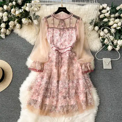 New Runway Summer A-Line Cake Dress Women's Flare Sleeve Floral Embroidery Elegant Sequins Mesh Hollow Out Mini Vestidos