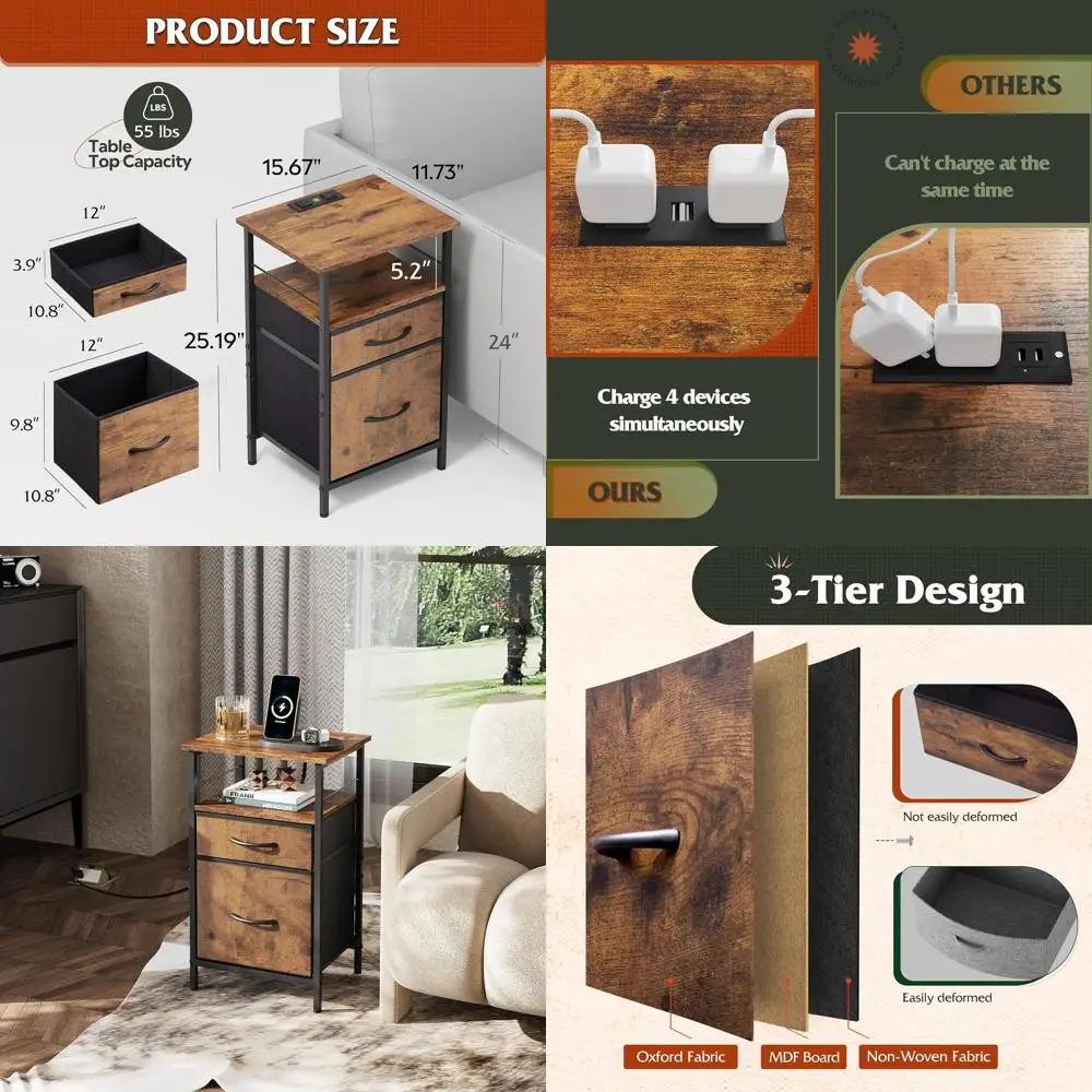 

Rustic Brown Bedside Table with Fabric Drawers, Charging Station, USB Ports & Outlets