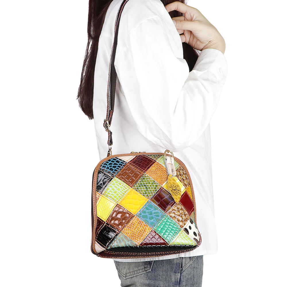 Royal Bagger Genuine Leather Crossbody Bags, Colorful Stitching Plaid Satchel Purse, Luxury Shoulder Bag for Women 1767