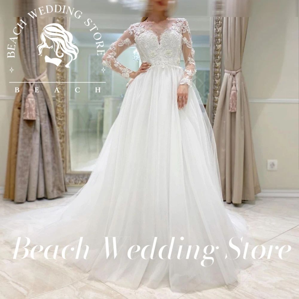 Praia personalizado casamento do vintage manga longa rendas apliques princesa com decote em v organza tule sheer tribunal trem branco para mulher