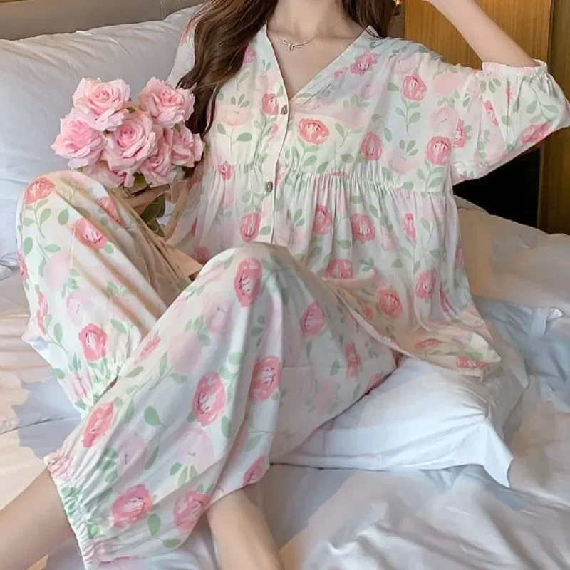 

Cotton Sleepwear Big Size Cardigan Seven-minute Pants Two-piece Print Loungewear Pajama Sets Summer Nightwear Korean Fashion